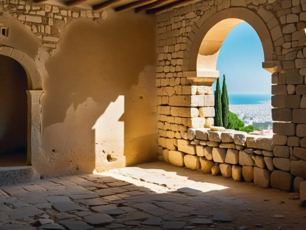 Ruinas de la casa de Ibn Jaldún en Túnez, con sombras dramáticas y muros desgastados, evocando su legado en la filosofía norte africana