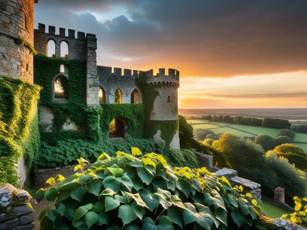 Ruinas de un castillo medieval con enredaderas, atardecer dramático y consecuencias filosóficas de las Cruzadas