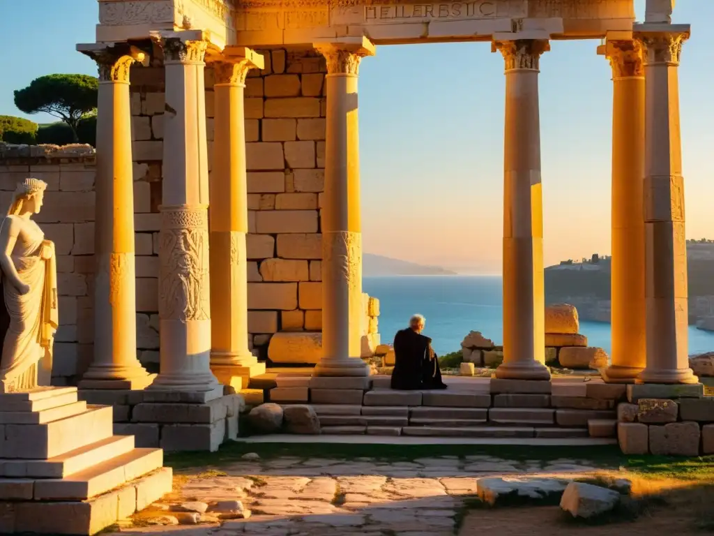 Ruinas de una escuela filosófica helenística con columnas de mármol y frisos detallados, bañadas por la cálida luz del atardecer mediterráneo