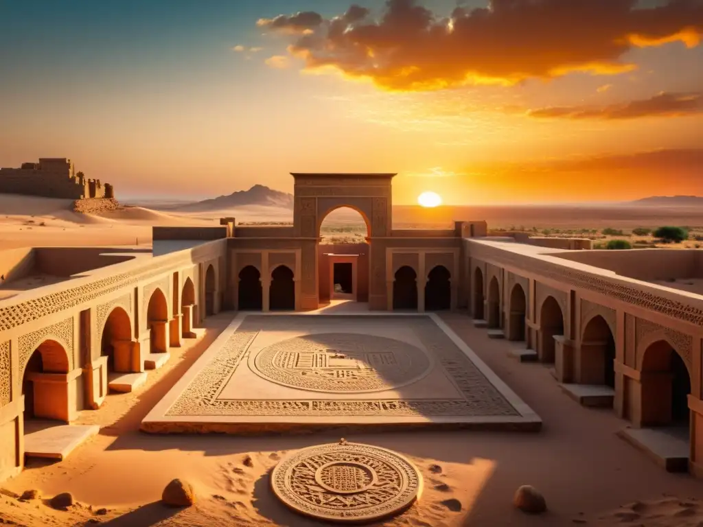 Ruinas de la escuela filosófica de Ibn Jaldún en el desierto al atardecer, con inscripciones y enseñanzas, capturando su legado de filosofía norte africana en 8k