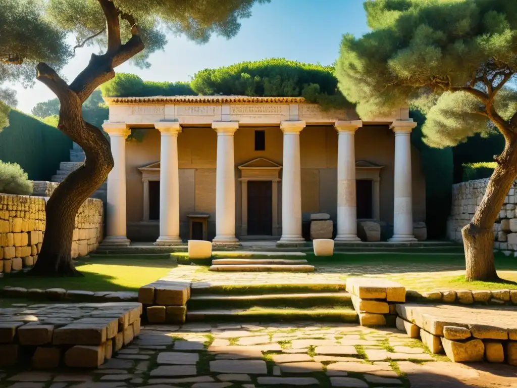 Ruinas de escuela filosófica presocrática con pilares de piedra tallada, figuras antiguas y árboles de olivo