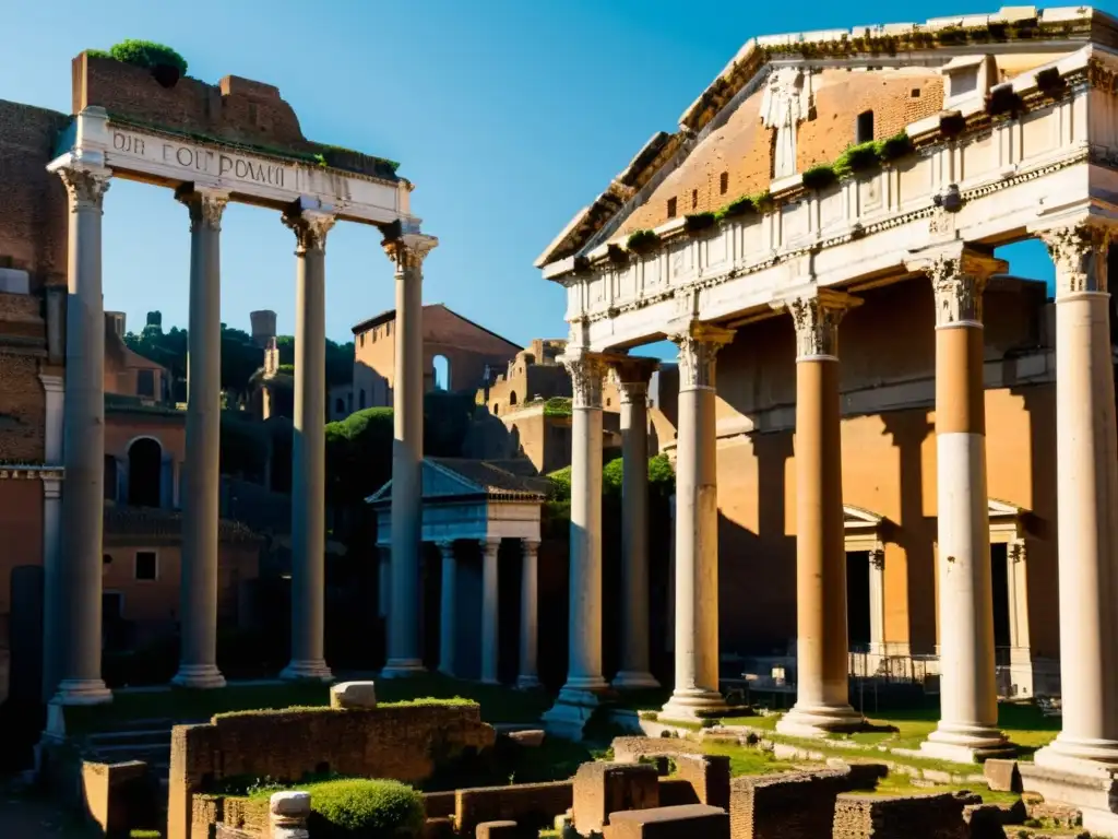 Ruinas del Foro Romano con columnas y estructuras antiguas, bañadas por cálida luz solar, evocando la Filosofía estoica en la antigua Roma