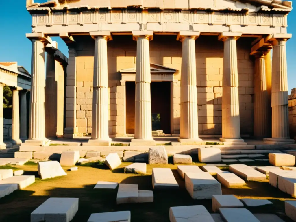 Ruinas de la Academia Griega en Atenas, con luz dorada iluminando las antiguas columnas de mármol