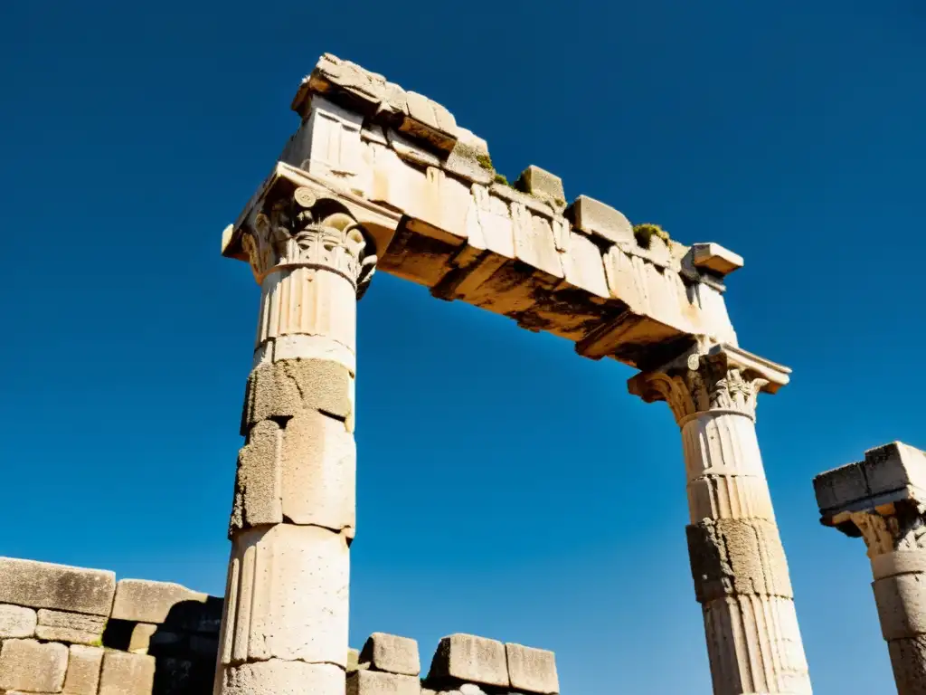 Ruinas griegas antiguas, columnas altas y desgastadas contra cielo azul