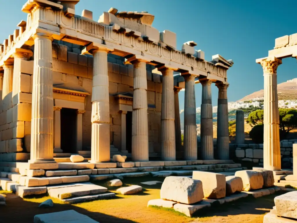 Ruinas griegas antiguas con templo presocrático, carvings detallados y columnas