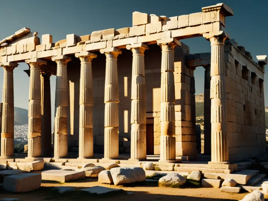 Ruinas griegas iluminadas dramáticamente, evocando la herencia de la filosofía antigua y su impacto en el mundo