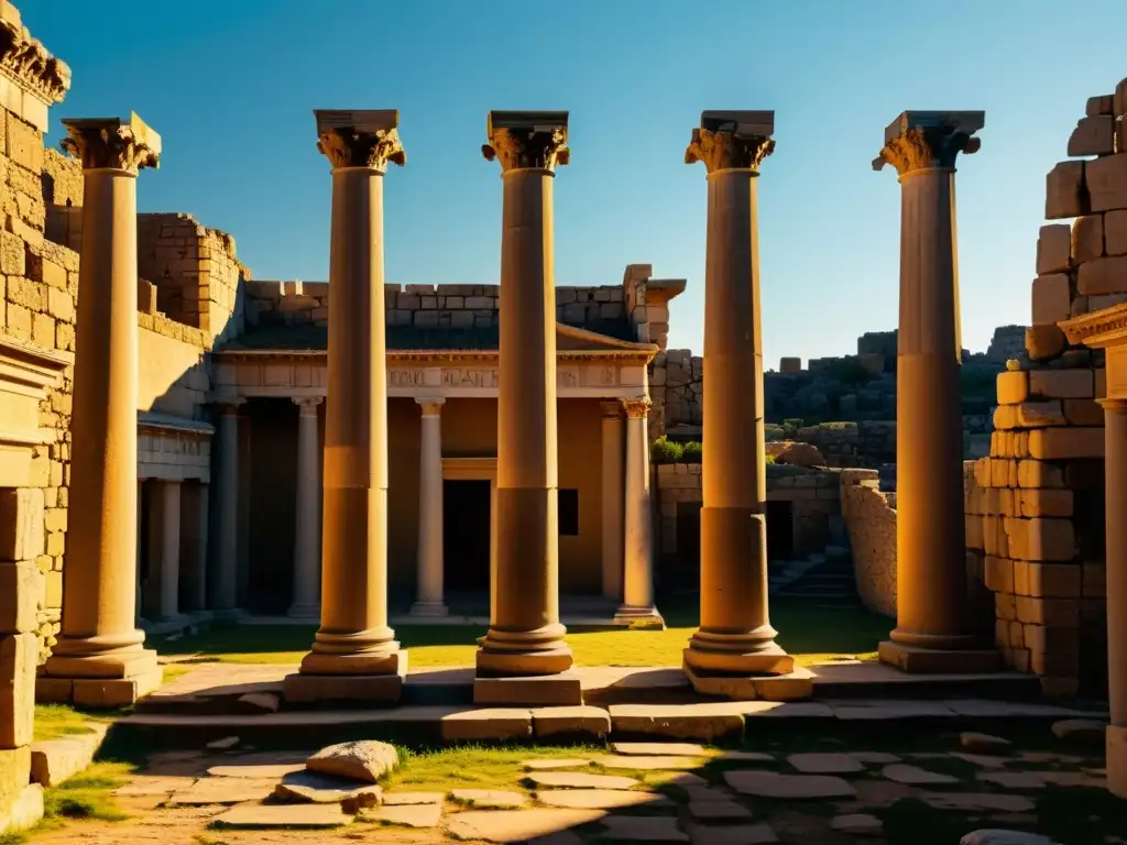 Ruinas de la Academia de Platón con juego de luces y sombras al atardecer, evocando historia y contemplación