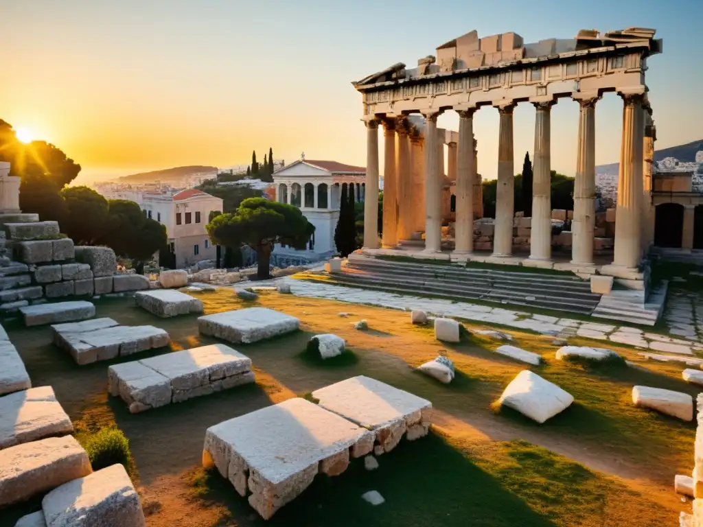Ruinas del Liceo en Atenas al atardecer, evocando la sabiduría y la excelencia personal con Aristóteles