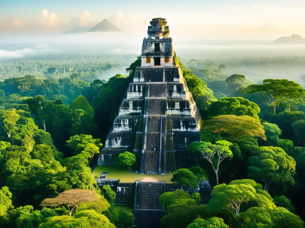 Ruinas mayas en Tikal, Guatemala, al amanecer, con la selva exuberante