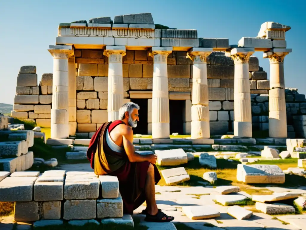 Ruinas de Miletus iluminadas por el sol, con un erudito griego estudiando textos antiguos