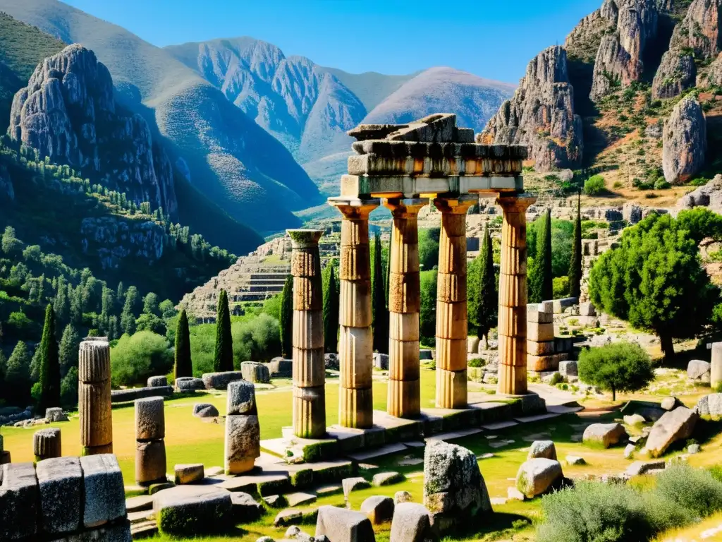 Ruinas del Templo de Apolo en Delphi, Grecia: Detalle de los pilares de piedra con tallados intrincados