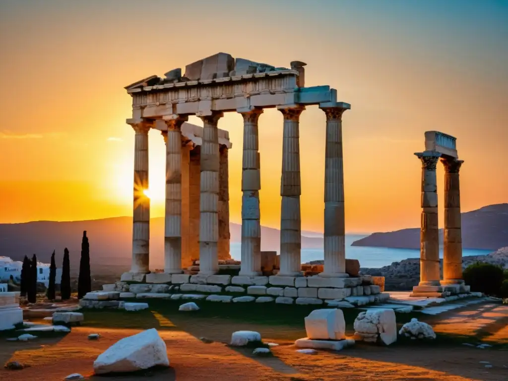 Ruinas de un templo griego antiguo iluminadas por un vibrante atardecer, evocando los Orígenes del Pensamiento Racional