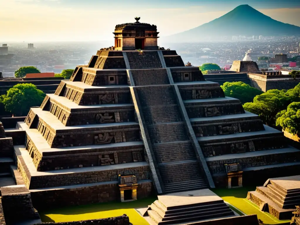 Ruinas del Templo Mayor en Ciudad de México, resaltando esculturas y detalles arquitectónicos