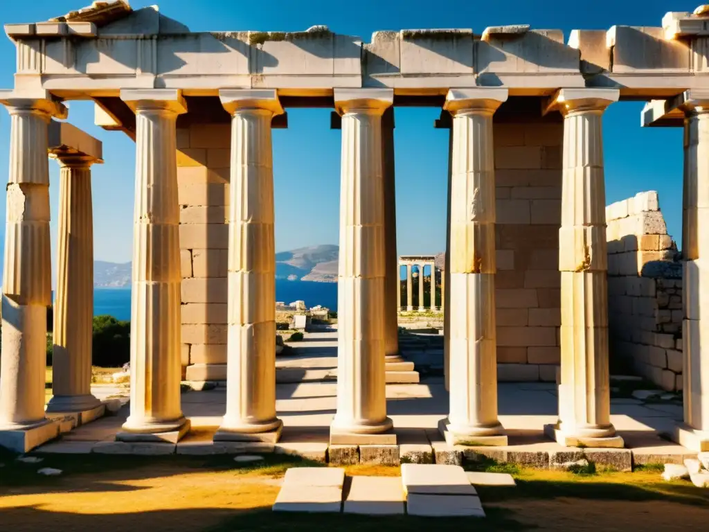 Ruinas de la Academia de Platón en Grecia, con turistas explorando el sitio mientras el guía muestra las antiguas columnas de mármol