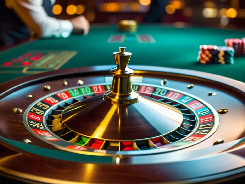 Una ruleta vintage gira en un casino tenue, capturando la emoción y la incertidumbre