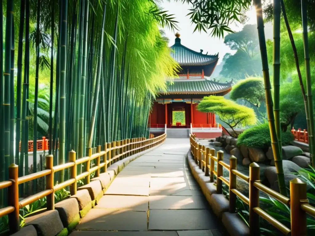 Ruta filosófica en China: sendero de bambú hacia templo confuciano entre exuberante naturaleza y luz cálida