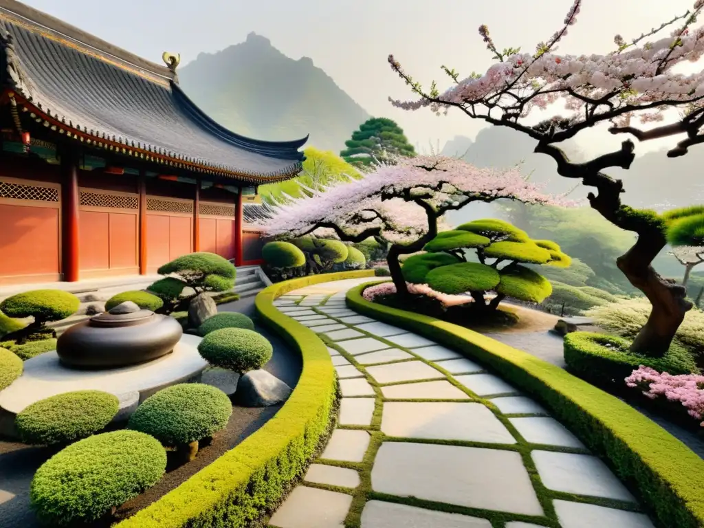 Ruta filosófica en un jardín chino antiguo con árboles bonsái, faroles y una pagoda, evocando el espíritu de Confucio en China