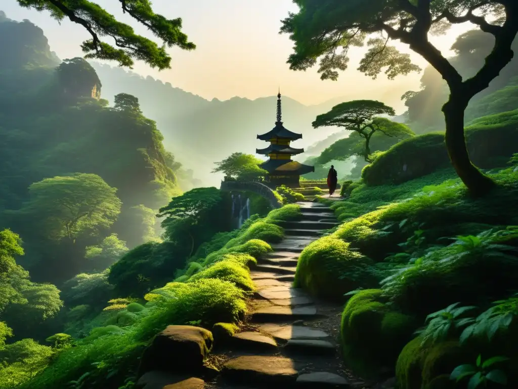 Ruta de LaoTse: Sendero montañoso neblinoso con templo entre árboles, figura caminando hacia la tranquilidad del amanecer