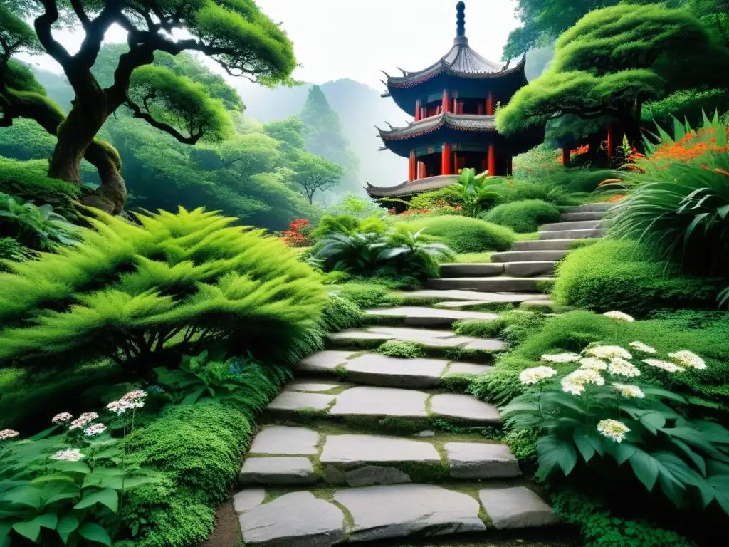 Ruta de LaoTse: Sendero de montaña tranquilo, templo chino entre árboles, niebla y flora silvestre