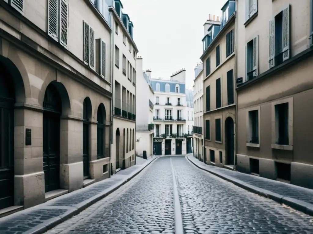 Rutas de viaje Europa Existencialismo: Calle empedrada de París, con edificios antiguos y atmósfera melancólica