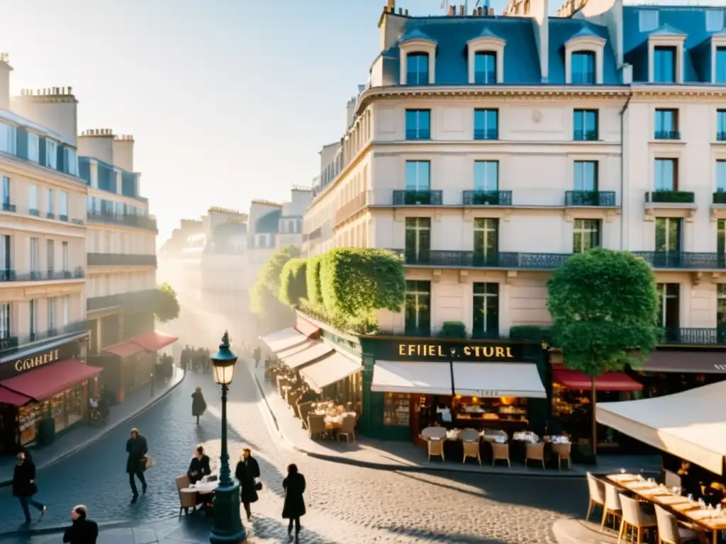 Rutas de viaje Europa Existencialismo: Calle empedrada de París con cafés y librerías, luz matutina y la Torre Eiffel en la neblina