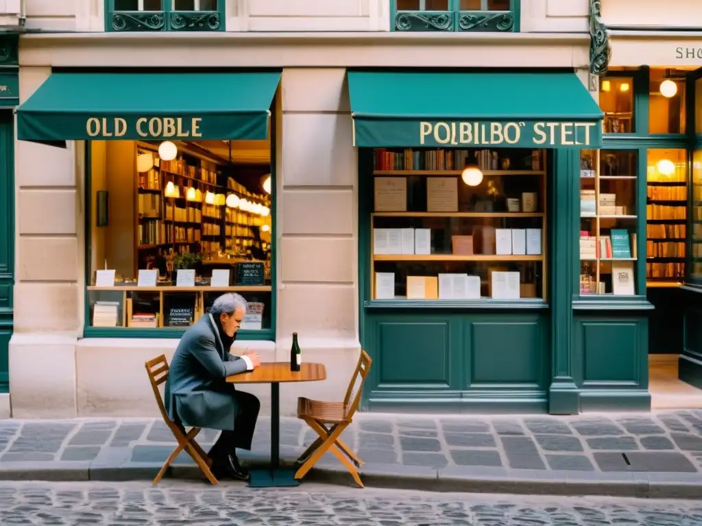 Rutas de viaje Europa Existencialismo: Calle empedrada parisina con cafés y librerías, luz suave y figura pensativa