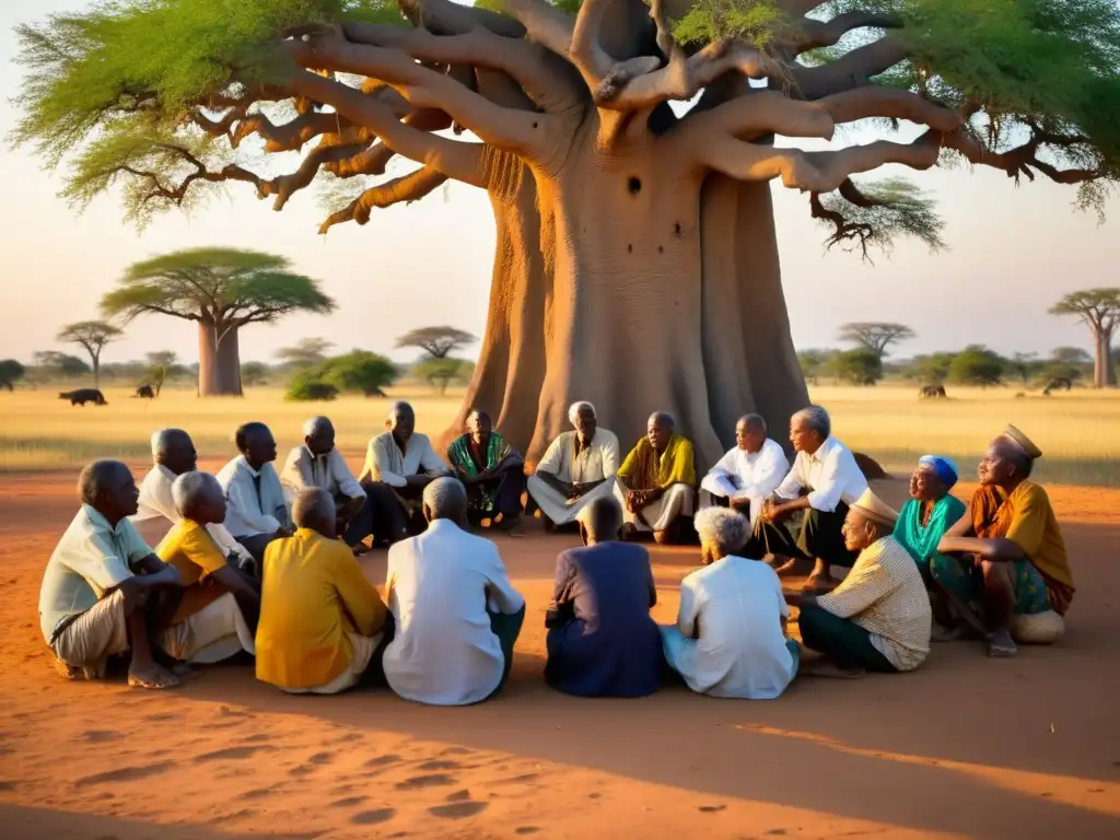 Anochecer en la sabana: ancianos comparten narrativa en enseñanzas filosóficas subsaharianas con niños bajo un baobab centenario