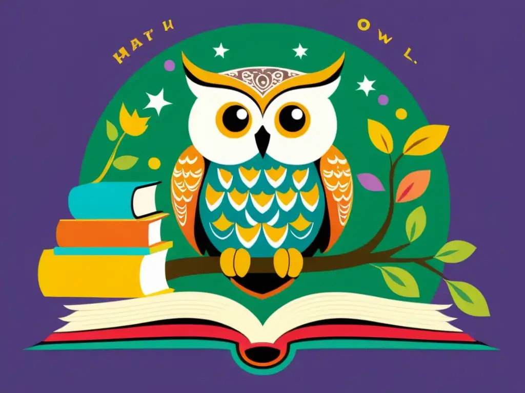 Una sabia lechuza en rama rodeada de libros de colores con diseños detallados