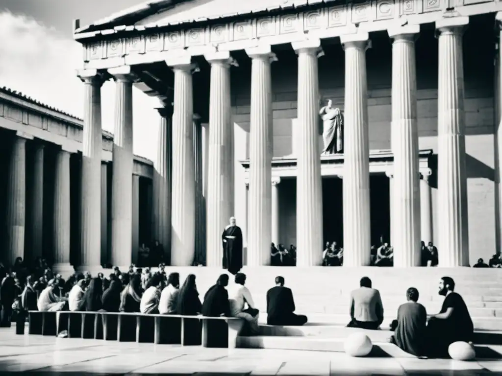 Platón enseñando en majestuosa sala de mármol Platón imparte sabiduría a sus estudiantes en majestuoso salón de mármol, inspirando formación de equipos alto rendimiento