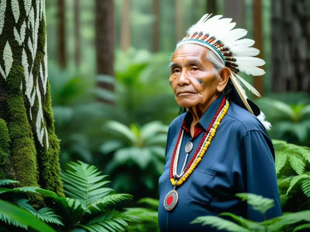 Un sabio anciano indígena en un exuberante bosque, reflejando la relación indígena con el medio ambiente
