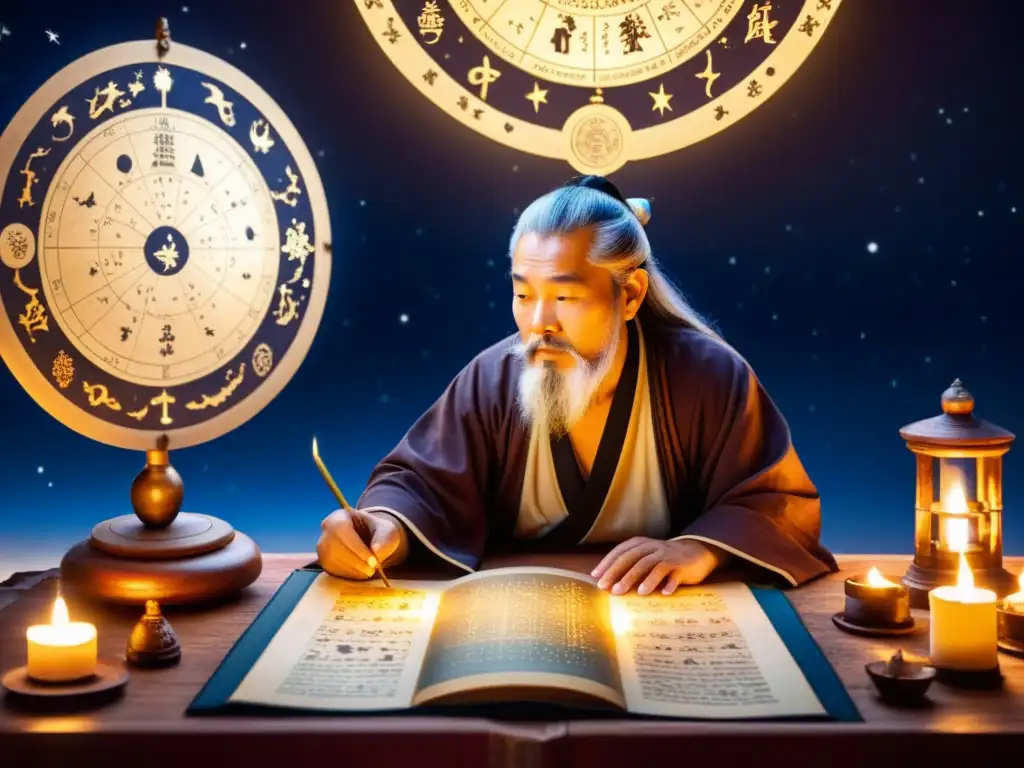 Un sabio astrólogo taoísta estudia un mapa estelar en un ambiente sereno, iluminado por velas, evocando sabiduría ancestral y misticismo