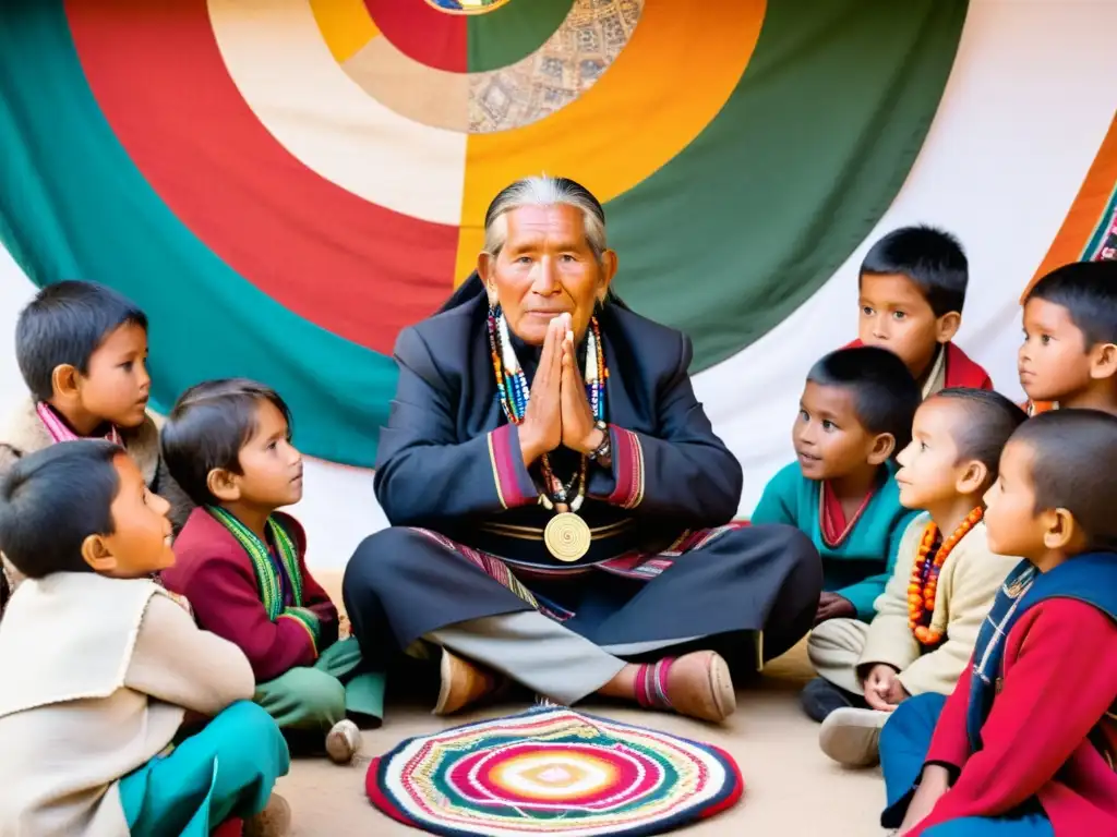 Un sabio Aymara narra el mito como filosofía de culturas precolombinas a un círculo de niños fascinados en un paisaje andino sereno