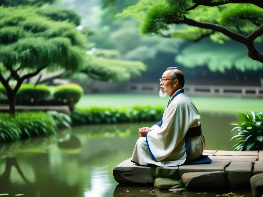 Un sabio confuciano medita en un apacible jardín, rodeado de verdor y un arroyo