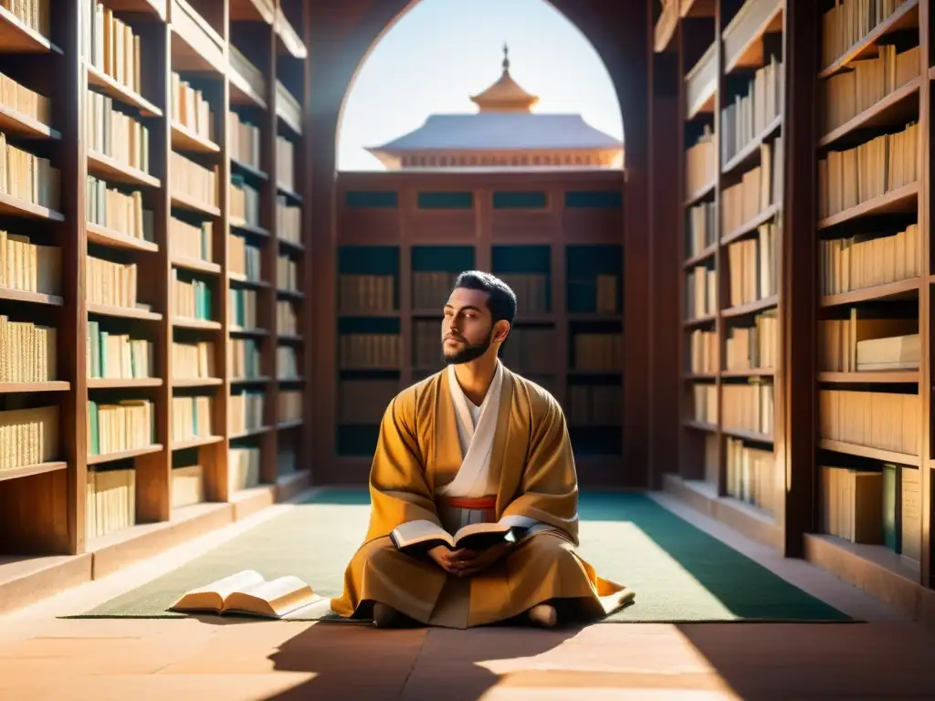 Un sabio contemplativo en un patio soleado rodeado de manuscritos antiguos, reflejando las virtudes de la vida filosófica islámica