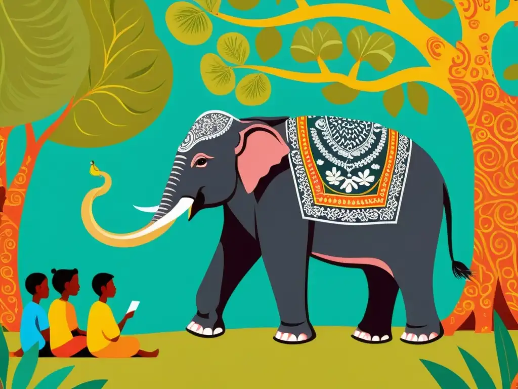 Un sabio elefante comparte enseñanzas filosóficas del Panchatantra bajo un árbol banyan, rodeado de animales y humanos en profunda contemplación