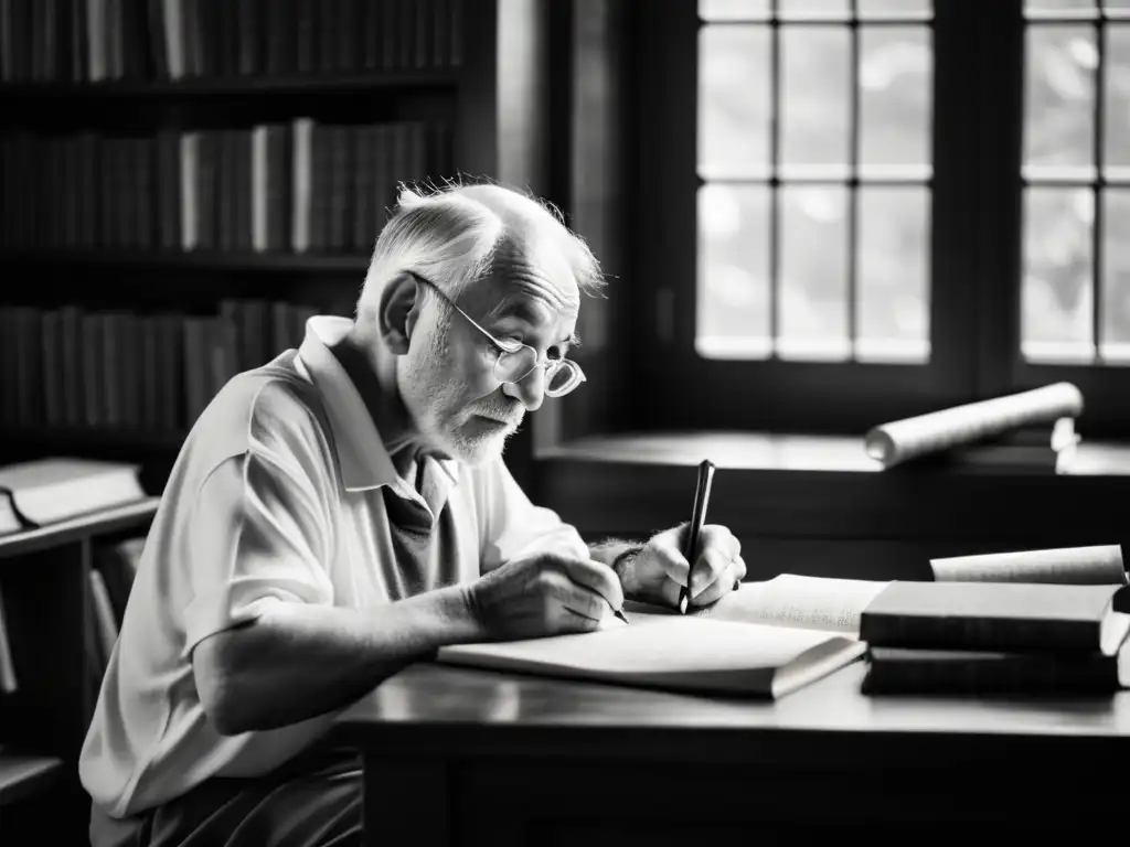 Un sabio filósofo anciano medita en su estudio, rodeado de libros y pergaminos, alcanzando la excelencia personal con Aristóteles