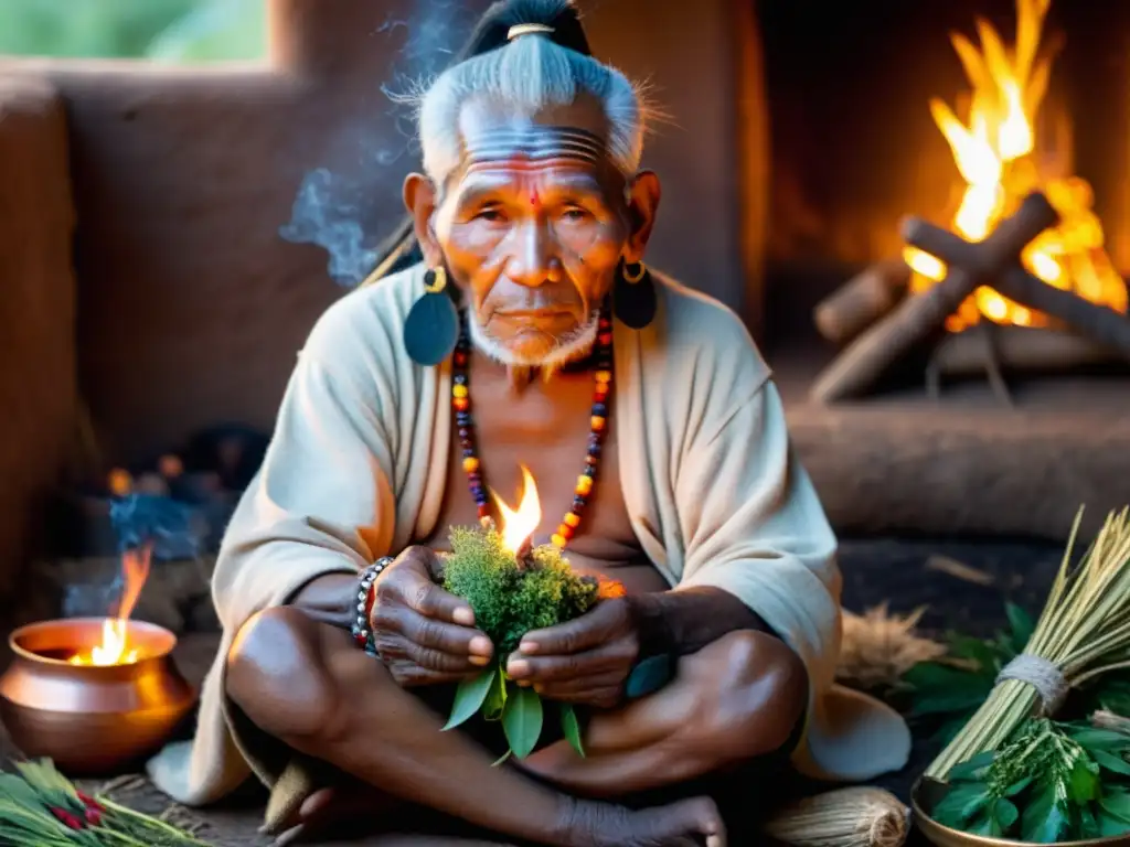 Un sabio chamán indígena realiza un ritual de curación junto al fuego, evocando medicina ancestral y sabiduría indígena