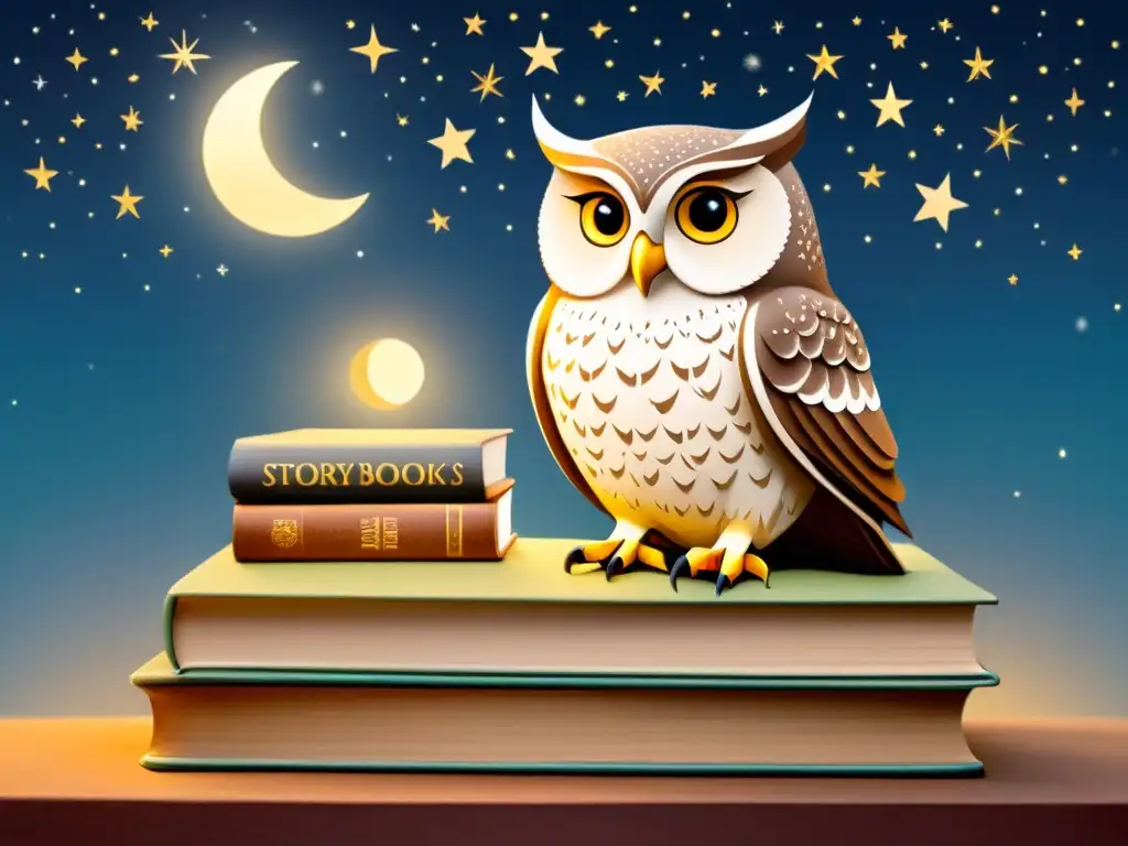 Un sabio búho en libros de cuentos, bajo la luz de la luna y las estrellas