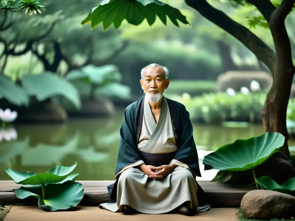 Un sabio maestro taoísta medita en un jardín sereno entre flores de loto