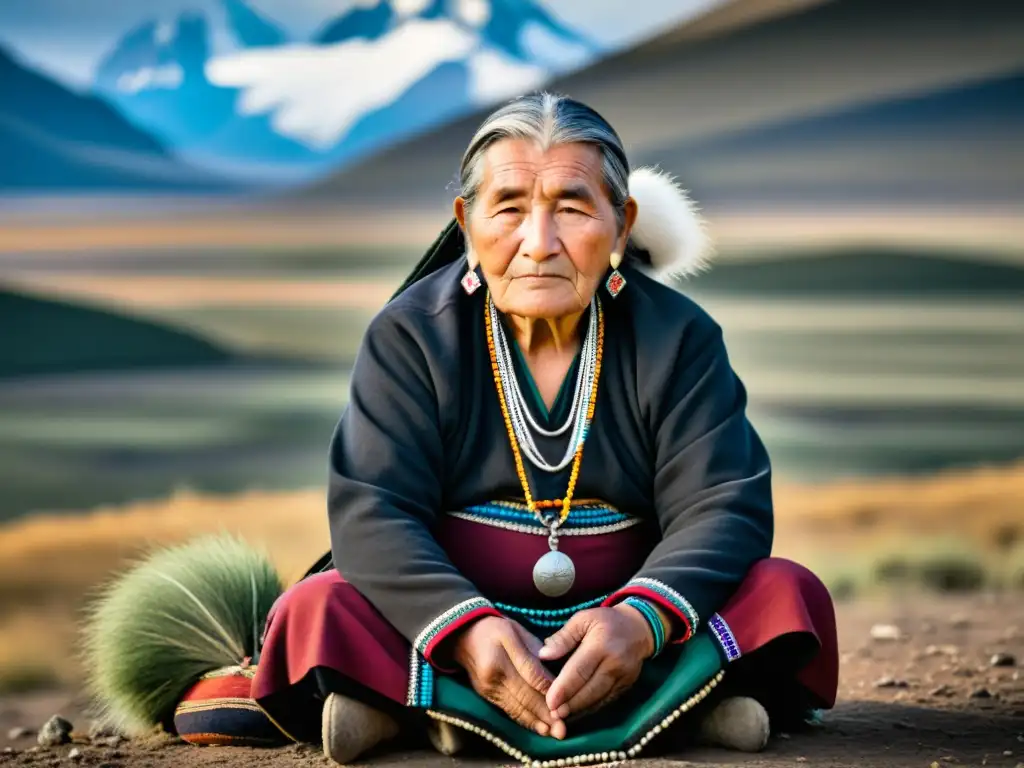 Un sabio Mapuche meditando en la majestuosa Patagonia, reflejando la filosofía espiritual de los pueblos indígenas