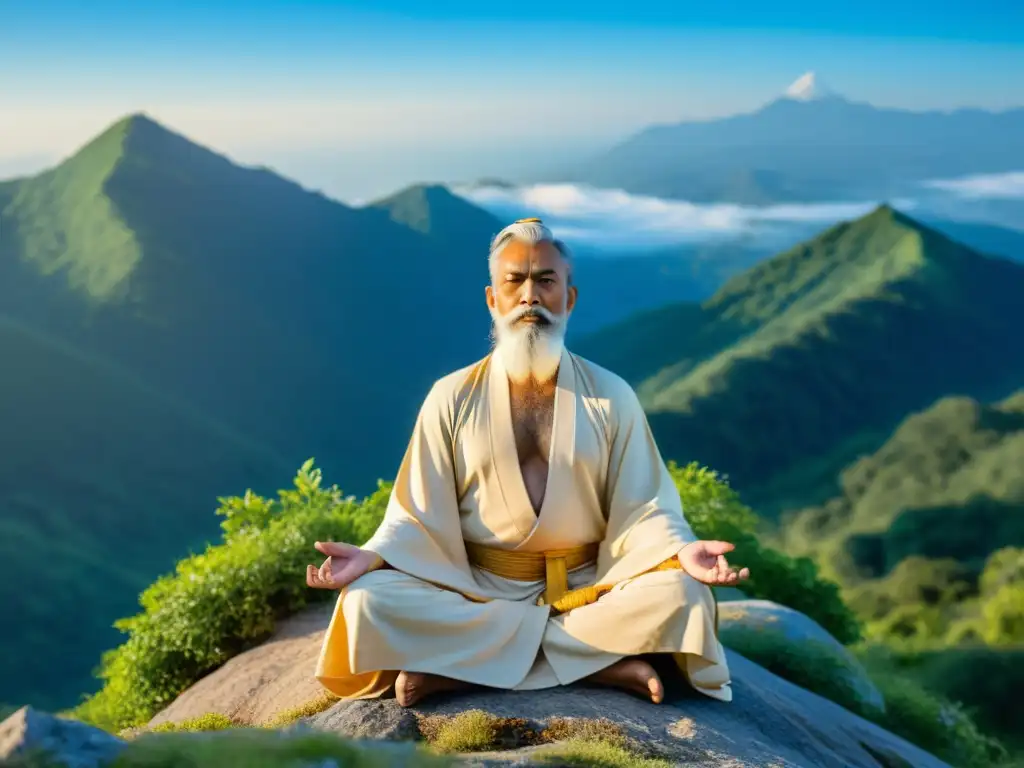 Un sabio moderno irradia calma y sabiduría en la cima de una montaña, rodeado de exuberante vegetación y cielo azul