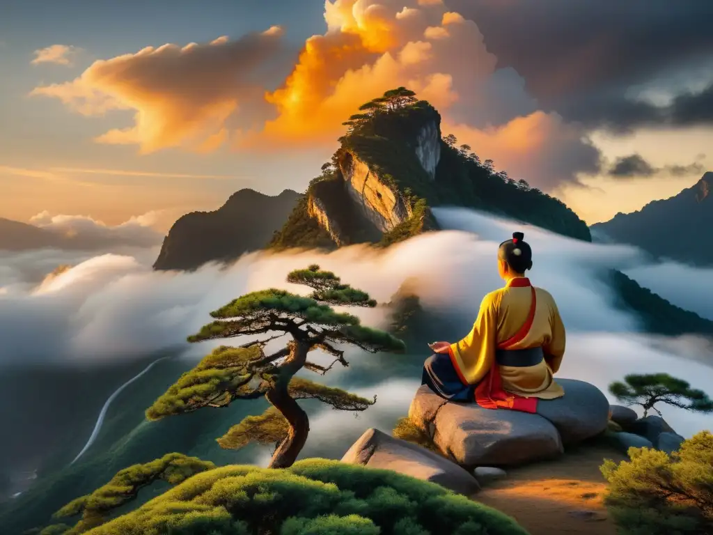 Un sabio taoísta medita junto a una montaña en la bruma mientras las historias taoístas revelan sabiduría