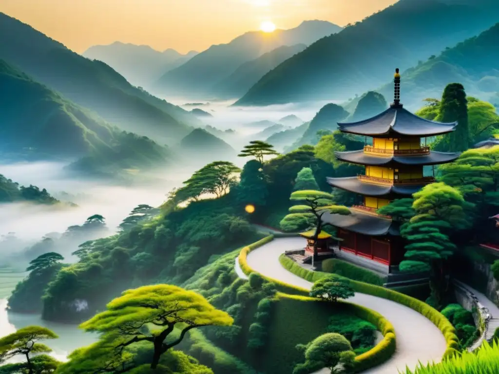 Un sabio taoísta camina en la naturaleza al atardecer, revelando la sabiduría de las historias taoístas