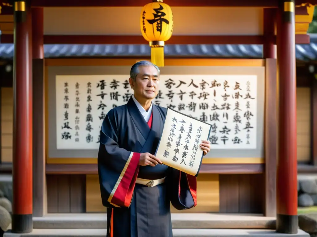 Un sacerdote Shinto en atuendo ceremonial sostiene un pergamino norito, con una expresión reverente