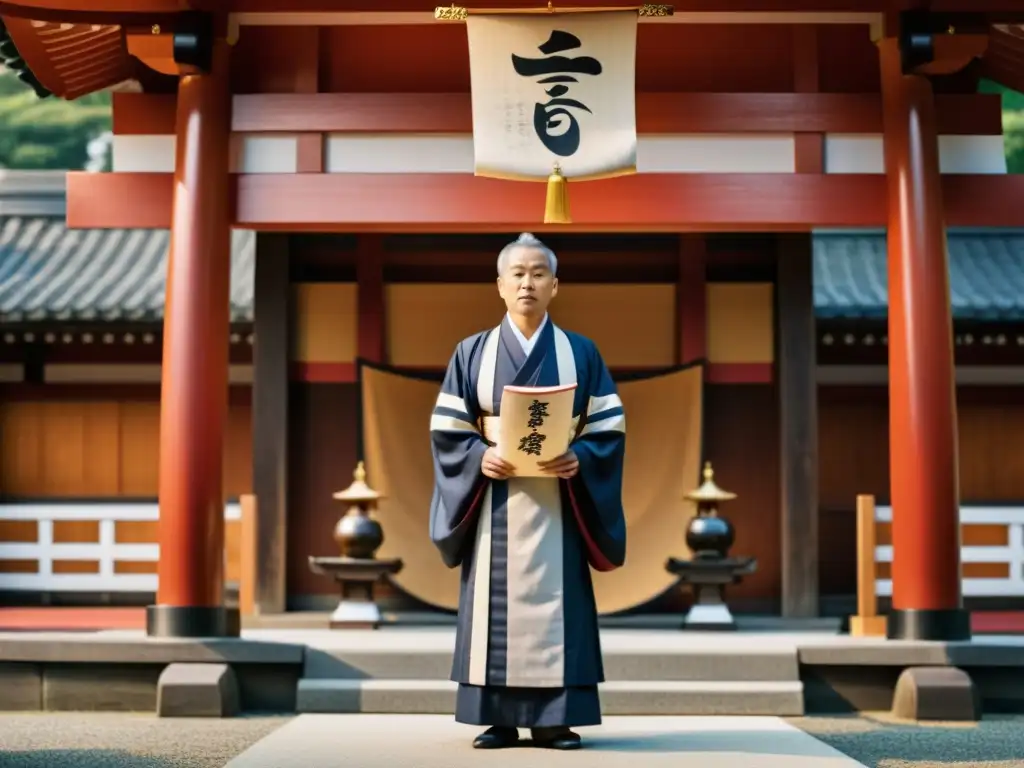 Un sacerdote Shinto recita encantamientos sagrados Norito con profunda devoción frente a un santuario, mostrando la esencia espiritual de la tradición
