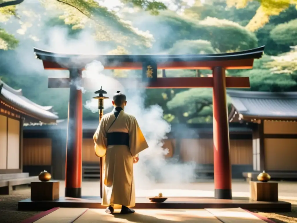 Un sacerdote Shinto realiza encantamientos sagrados Norito frente a un torii de madera, creando una atmósfera de profunda conexión espiritual