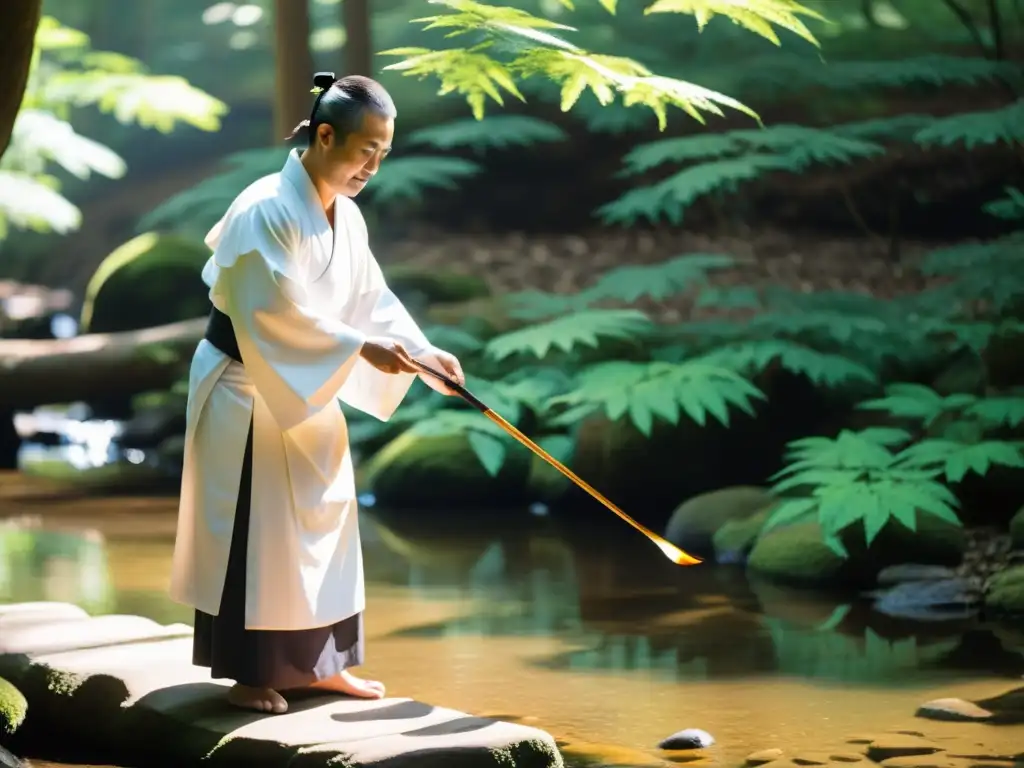 Un sacerdote Shinto realiza el ritual de purificación, misogi, en un tranquilo bosque