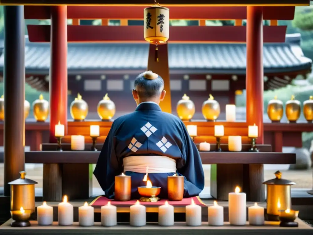 Un sacerdote Shinto realiza el ritual de Norito en un santuario, rodeado de velas y ofrendas