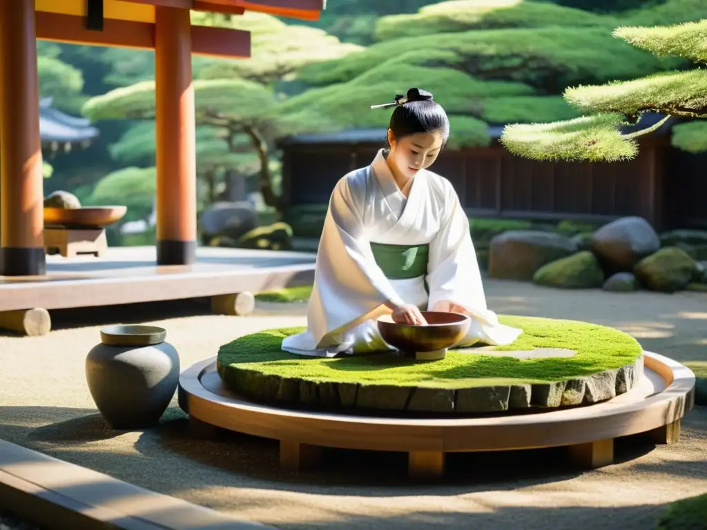 Un sacerdote en un tranquilo santuario Shinto realiza un ritual de purificación