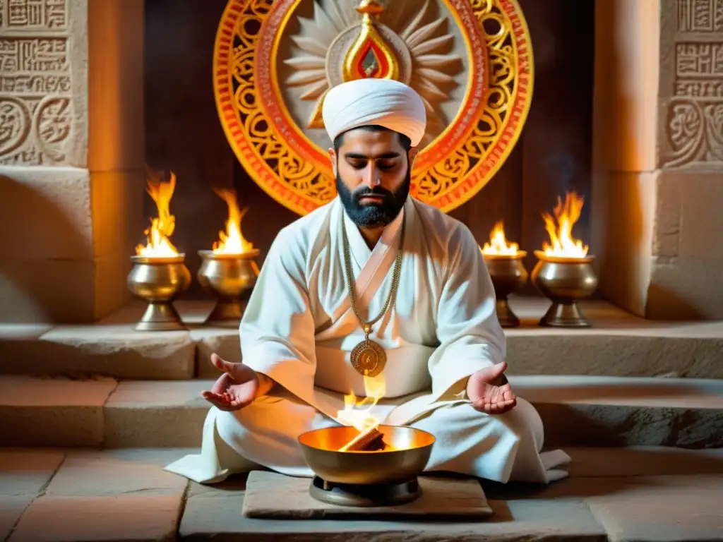 Un sacerdote zoroastriano realiza un ritual de purificación en un templo sagrado, envuelto en una atmósfera de reverencia y devoción